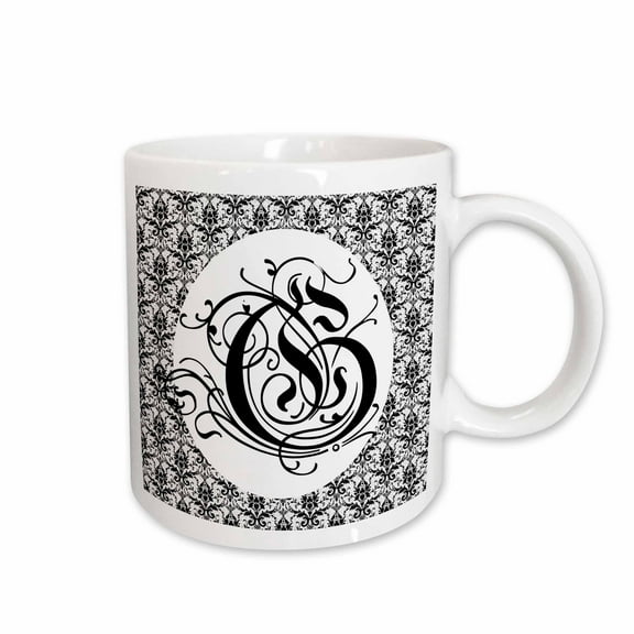 3drose, Ruritania Letter G with Small Black and White Pattern Damask Art, 11oz Mug