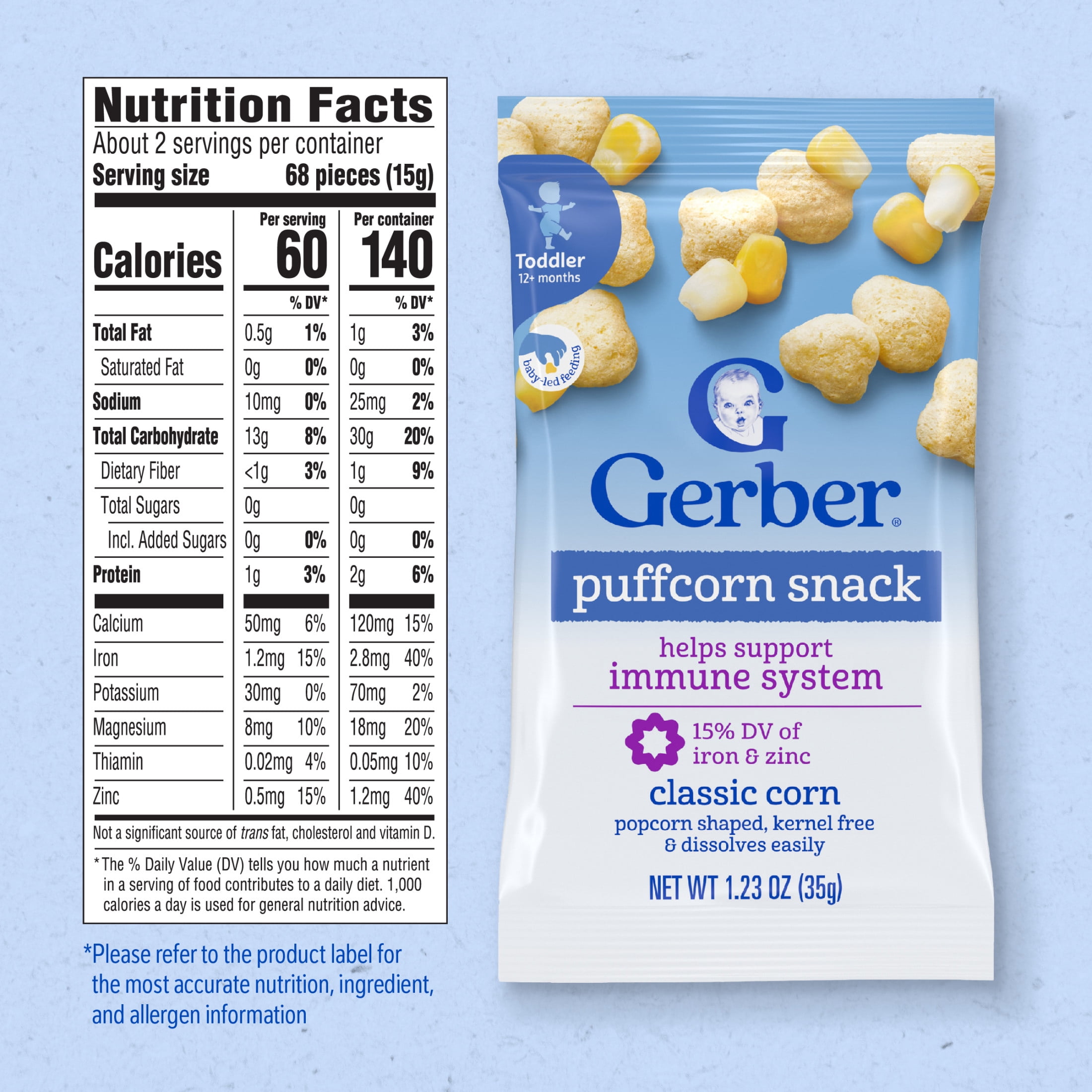 (2 pack) Gerber Toddler Snacks, Classic Corn Puffcorn Snack, Kernel Free, Toddler Food 1.23 oz