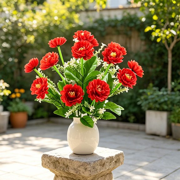 All Weather UV Resistant Artificial Flowers with Green Foliage, Realistic Faux Plastic Floral Bouquet, Indoor Outdoor Decor for Garden Porch Wedding Home Vase Arrangements(Red)
