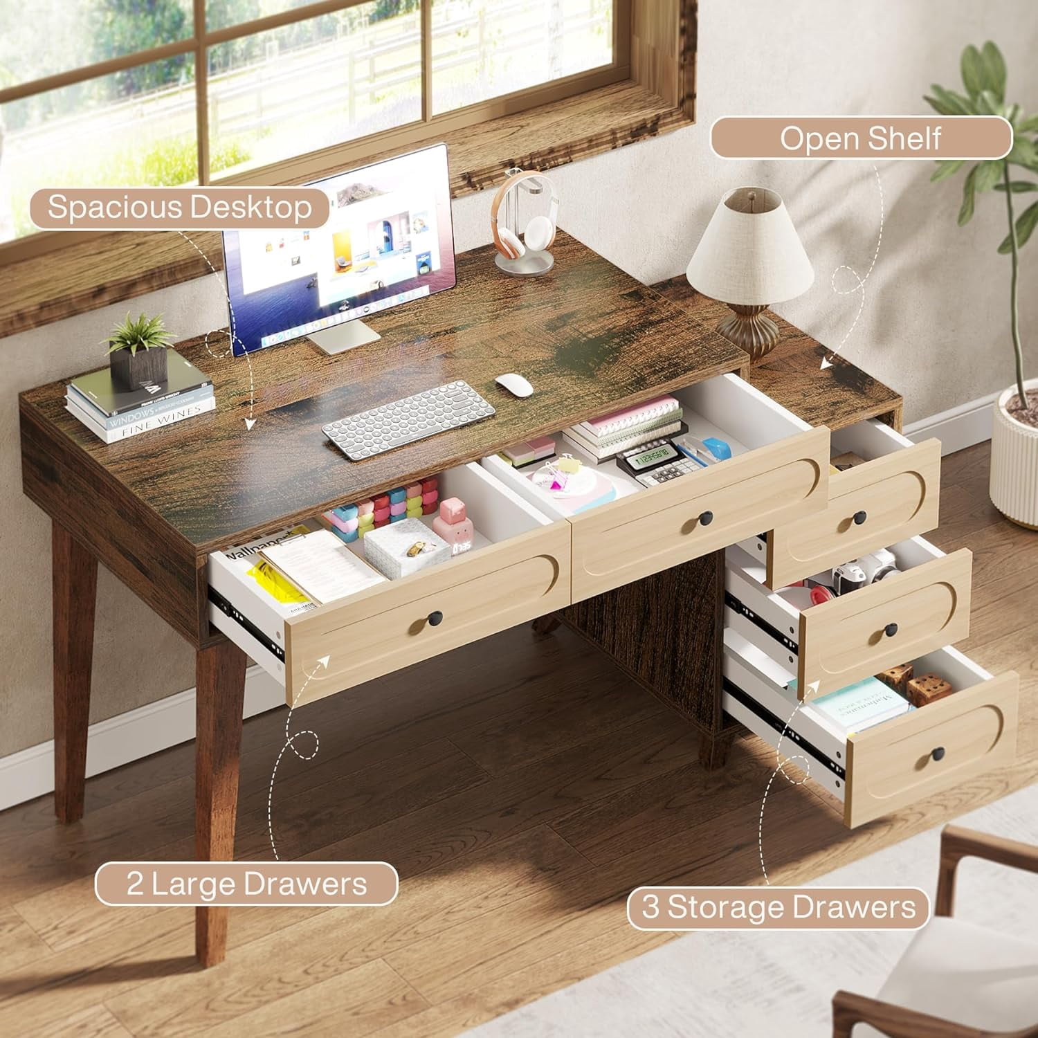 Tribesigns Computer Desk with 5 Drawers, 51-Inch Home Office Desk with Reversible Drawer Cabinet, Farmhouse Study Writing Table Workstation with Storage for Small Spaces