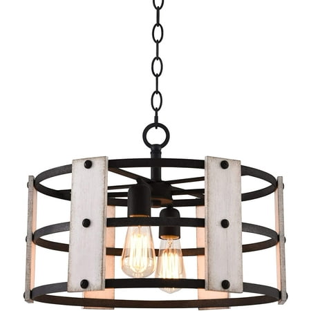 

17” 4-Light Modern Farmhouse Chandelier + Wood and Metal Round Shade 2 Wood Panel Styles (White Ash/Walnut) Coarse Black Finish
