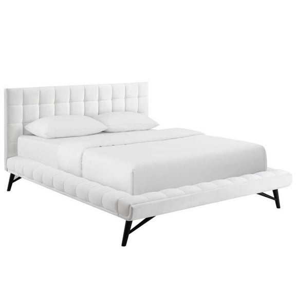 Pemberly Row Biscuit Tufted Velvet Queen Platform Bed in White