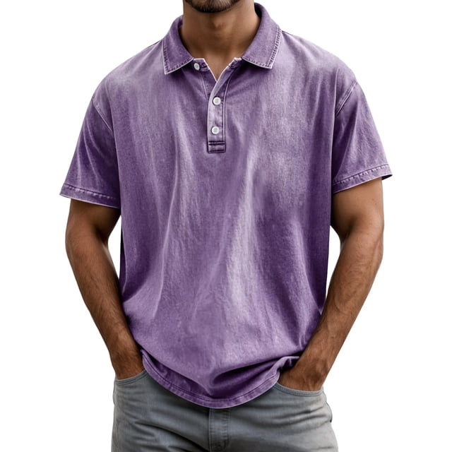 Adult Polos for Men Short Sleeve Button Tee Shirt Basic Purple Mens Clothes