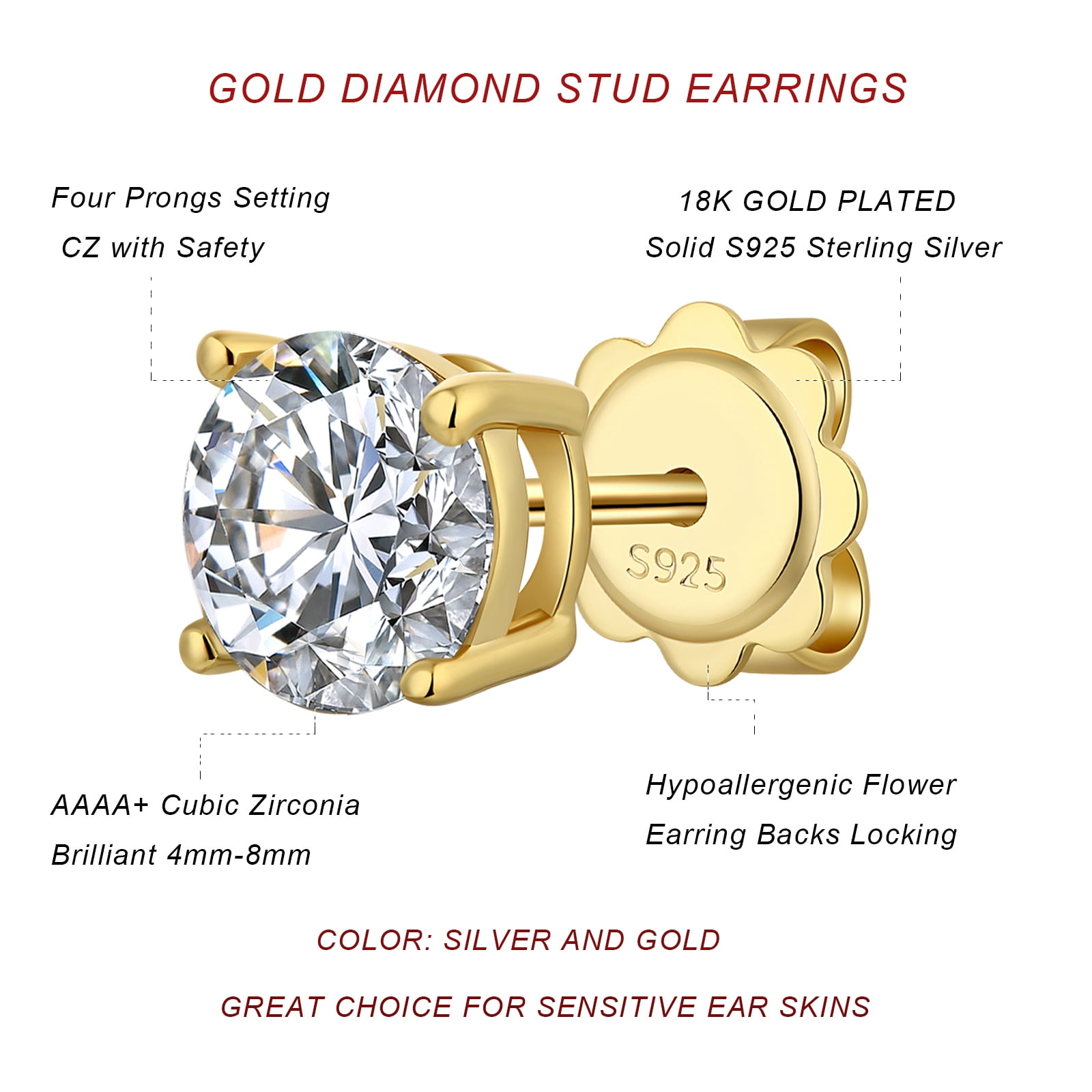 Jiamiaoi 18k White Gold Plated 925 Sterling Silver Sparkly Cubic Zirconia Stud Earrings Sets 4mm-8mm Circle Diamond Earrings Gold Square Stud Earrings Hypoallergenic