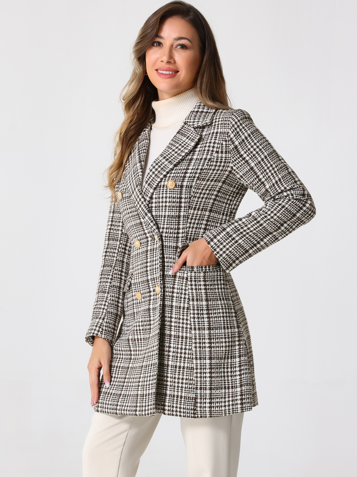 DARING DIVA Women's Plaid Double Breasted Tweed Blazer Outerwear Coat Brown XS