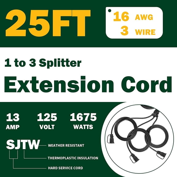OTGFRF-Outdoor Extension Cord with Multiple Outlets, 25 ft Black 1 to 3 Splitter Extension Cords, 16/3 SJTW Weatherproof Wire for Outdoor Lights and Holiday Decorations, ETL Listed