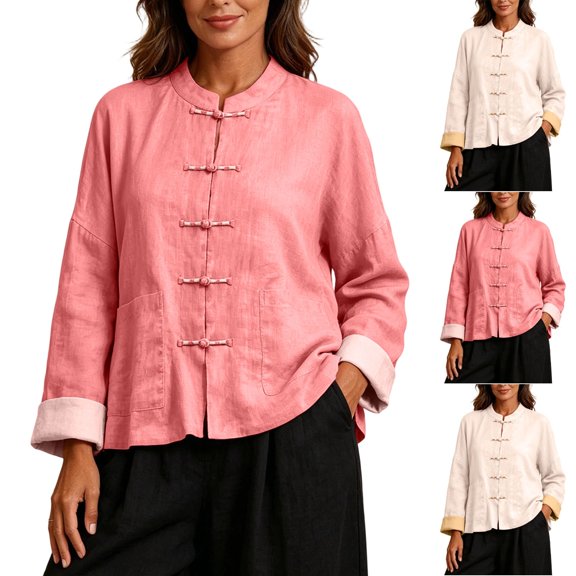 Nmnitkp Women's Cotton Linen Mandarin Collar Shirt Frog Button Contrast Cuffs Long Sleeve Loose Casual Top with Pockets for Fall Daily Work Loungewear Pink,M