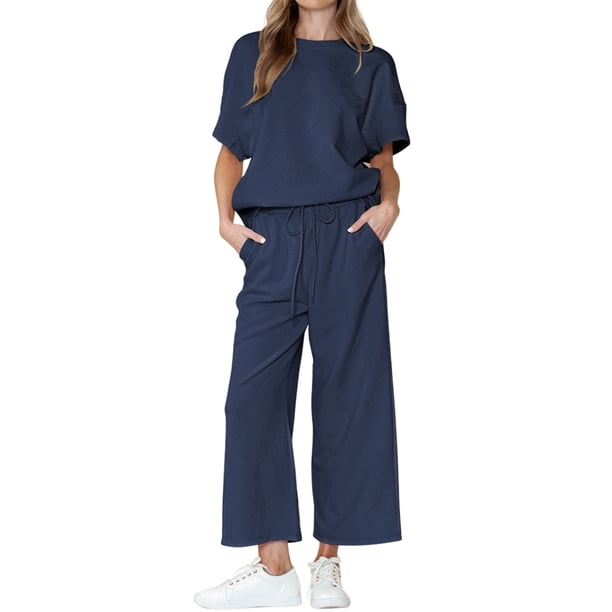Gibobby Conjunto de sudadera y pantalones Colección de cintura a cuadros para mujer, pantalones de manga corta con cordón de fina, informales, a la moda, de C(Azul,XL)