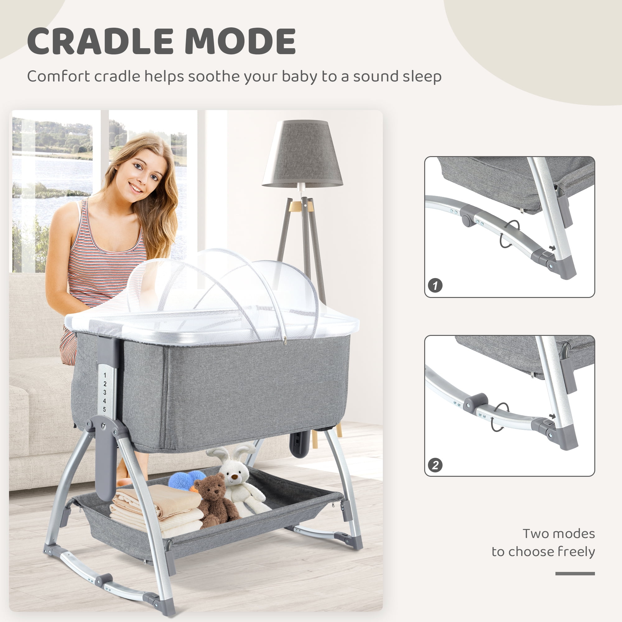 Signature Fitness Baby Cradle with Aluminum Frame and Cotton-Linen Fabric, Gray, Portable and Comfortable Infant Rocking Bassinet
