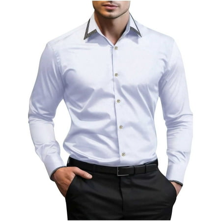 Afuyipoi Mens Button Up Shirts Work Casual Stand Collar Long Sleeve Classic Men s Shirt White XL