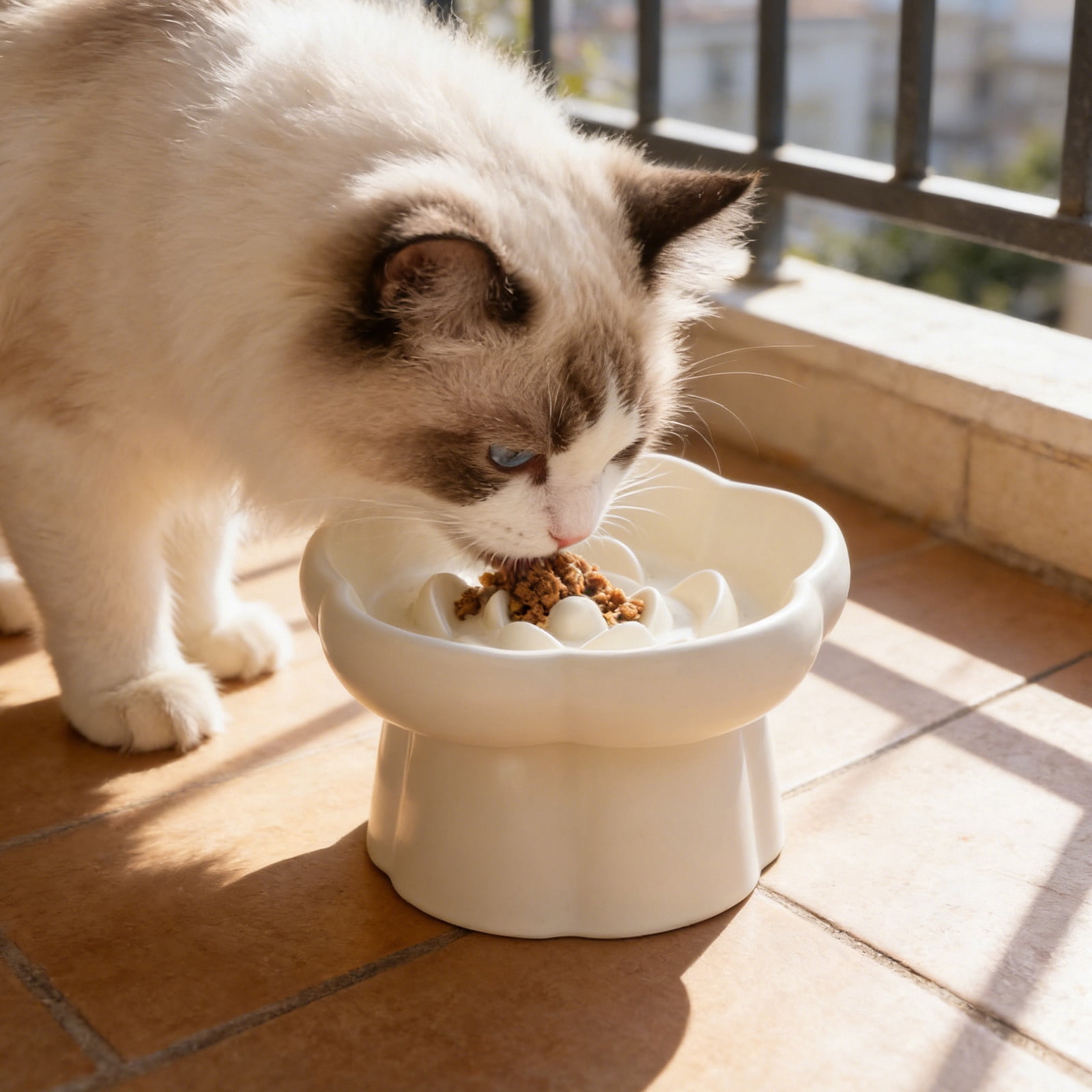 Ceramic Elevated Slow Cat Feeder, Raised Feeding Dish with Maze Design, Easy To Clean, for Indoor Cats and Small Dogs White