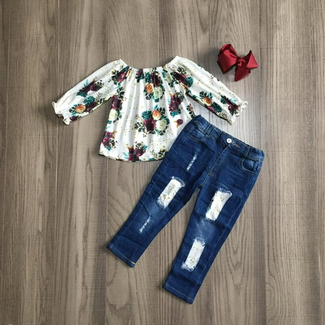 Puloru Kids Baby Girls 2-piece Outfit Set Long Sleeve Print Tops+Jeans Set for Children Girls