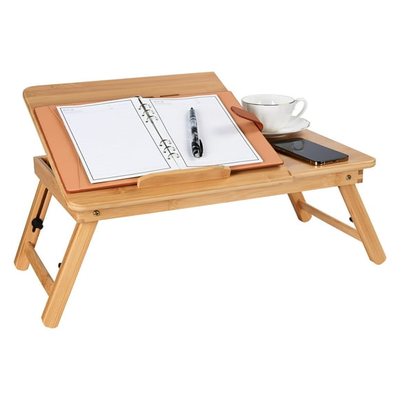 Bamboo Laptop Stand Fits up to 15.6" Laptop Notebook, Bed Table Desk Tray with Cooling Fan, Foldable Breakfast Table Tilting Top with Drawer
