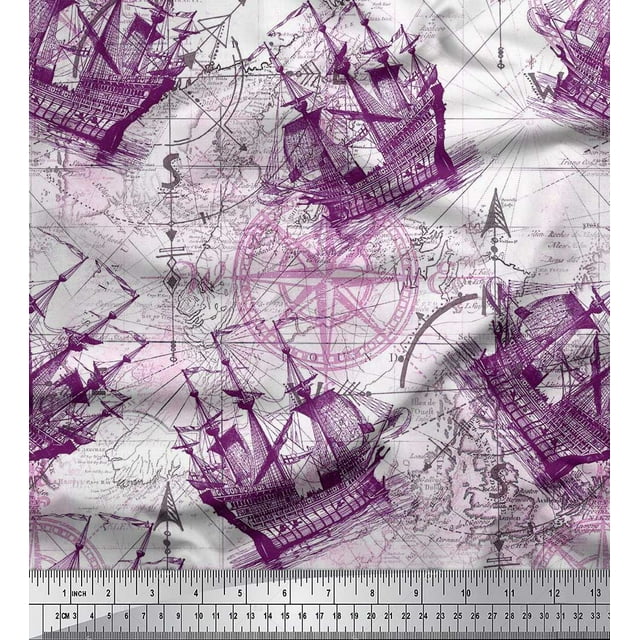 Soimoi polyester Crepe Fabric Ship & Direction Compass Nautical Print Fabric by Yard 52 Inch Wide