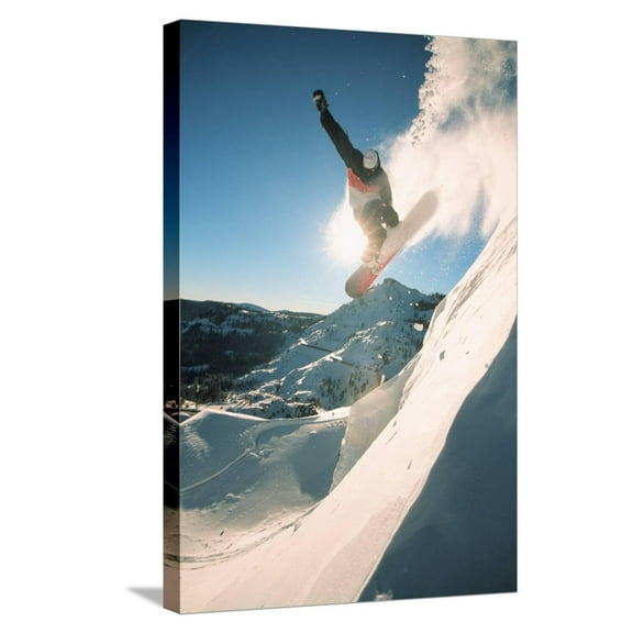 Art.com Snowboarding off a Cliff off Piste on a Sunny Day in Donner Pass, California, USA Stretched Canvas Print Wall Art by DonLand, 16" x 24"