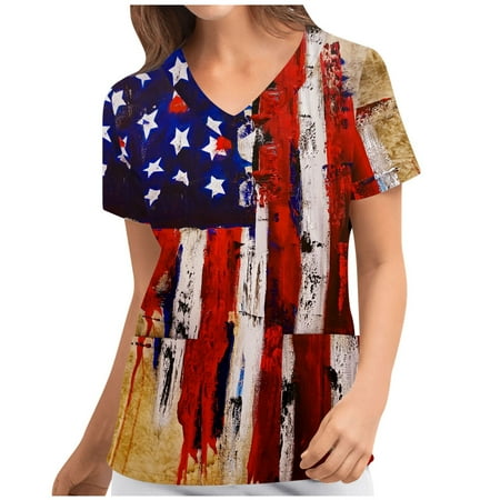 

Womens 4th of July Scrubs Tops USA Flag Stars Stripes Print Stretch Moisture Wicking Comfy Workwear Short Sleeve V Neck Pockets Working Uniform