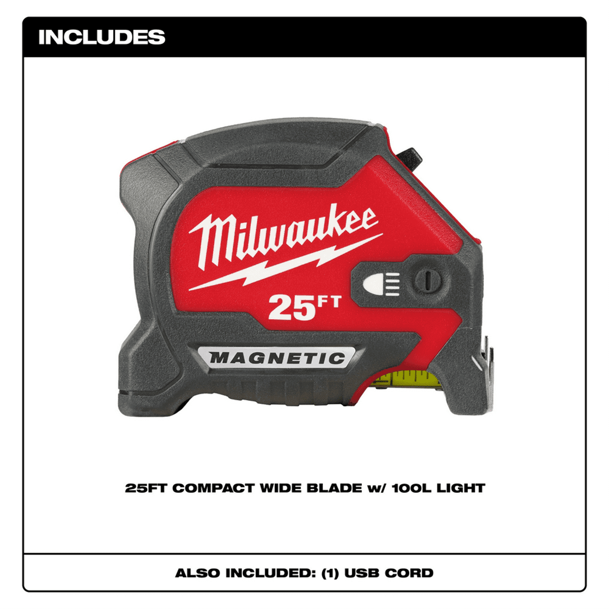 MIlwaukee 25ft Compact Wide Blade Magnetic Tape Measure w/ Rechargeable 100L Light