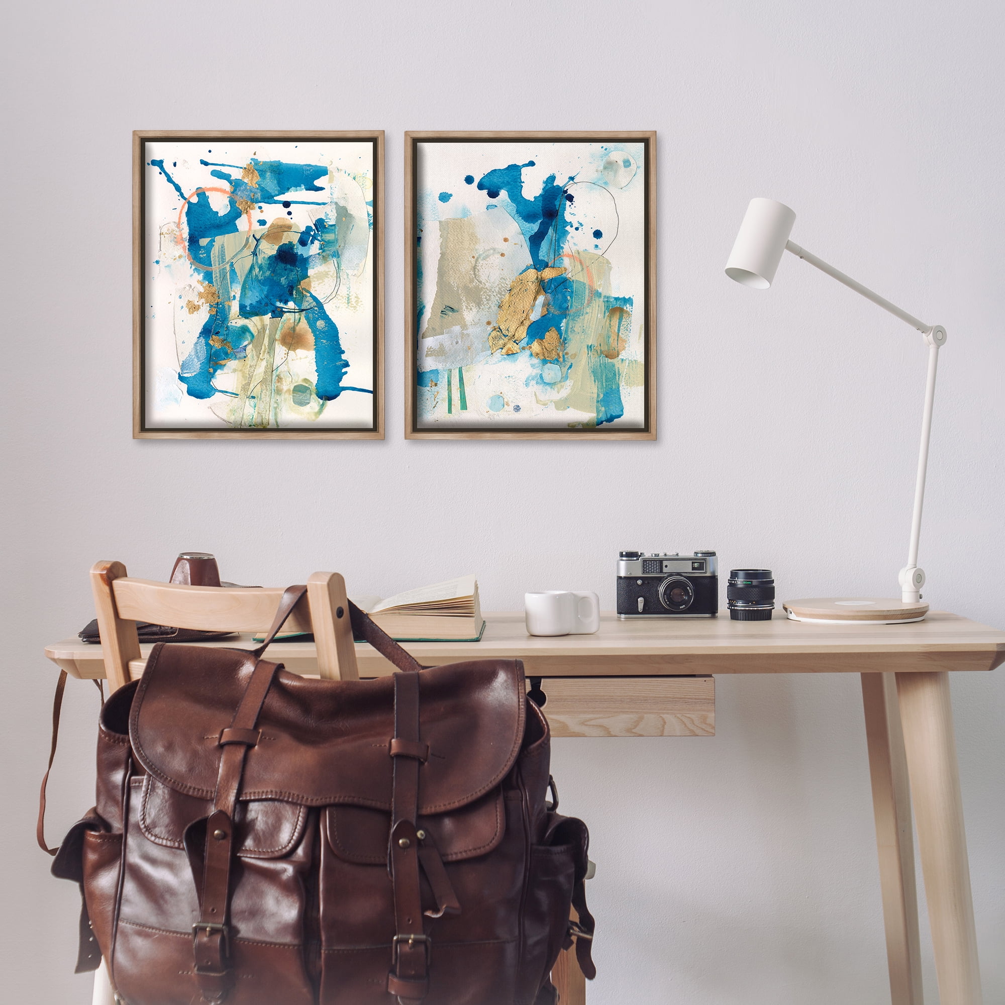 Stupell Industries Abstract Blue Gold Splash Abstract Painting Brown Floater Framed Canvas Art Print Wall Art, 17 x 21, Set of 2