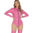 thumbnail image 3 of Aivtalk Teddy Leather Bodysuit for Womens Wet Look Catsuit Shiny Glossy High Cut leotard Ladies Thong Bodycon Jumpsuit Valentine's Day Long Sleeve Zipper Clubwear M Pink, 3 of 7