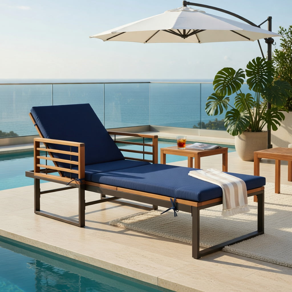 Hommoo Adjustable Outdoor Chaise Lounge Chair with Removable Cushion, Sturdy Acacia Wood & Metal Frame, 4-Position Reclining Backrest for Poolside, Patio, Backyard, Navy