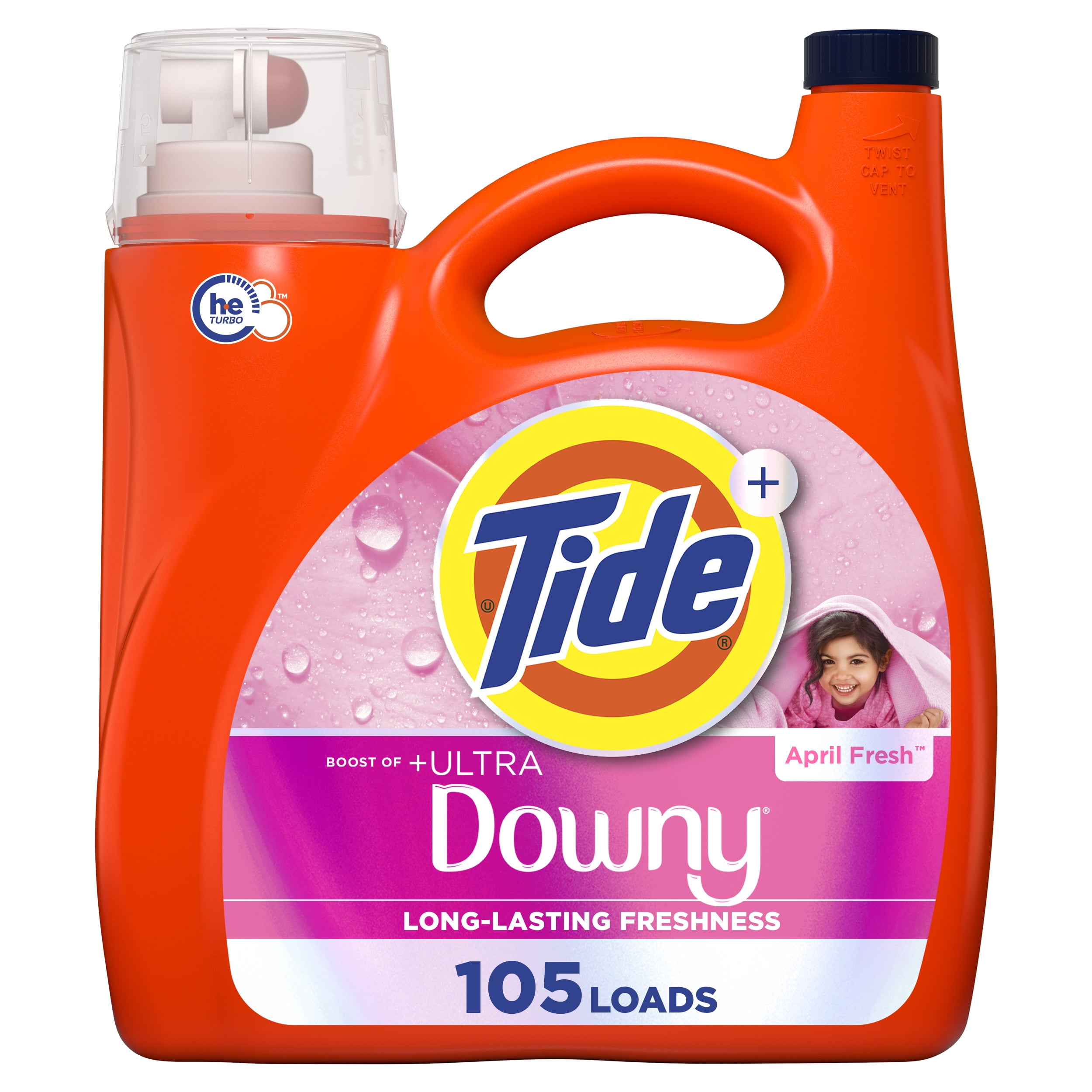 (4 pack) Tide Laundry Detergent Liquid Plus a Boost of Ultra Downy, April Fresh Scent, 148 fl oz, 105 Loads