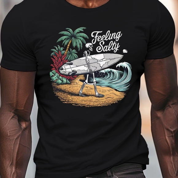 Big & Tall Men's Summer T-Shirt - 'Feeling Salty' Skeleton Surfboard Graphic, Casual Short Sleeve Tee, Breathable Polyester, Machine Washable,