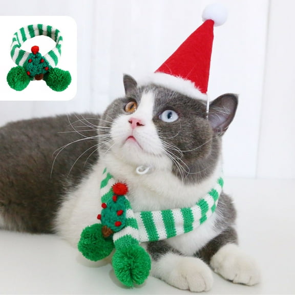 Cats Collar Pet Knitted Bib Scarf, Adjustable Woolen Jewelry for Christmas Decoration, Red and Green Cotton Material for Small Pets, 40cm Length