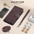 thumbnail image 3 of ELEHOLD Case for iPhone 16 Pro Max, PU Leather Zipper Wallet Flip Folio Case with Card Holder & Wrist Strap & Stand,Coffee, 3 of 6