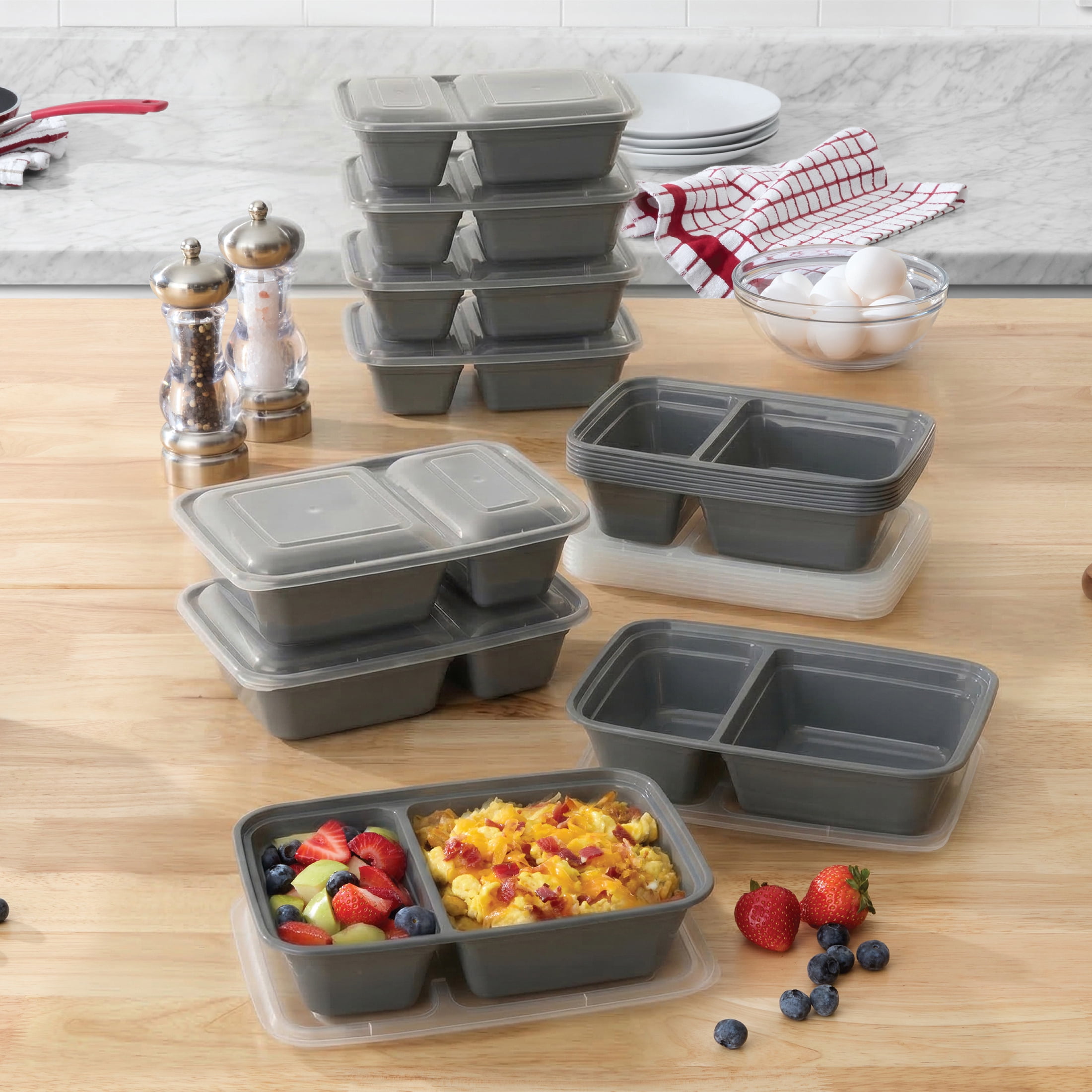 Mainstays 15-Pack 2-Compartment BPA-Free Meal Prep Food Storage Containers, Soothing Grey