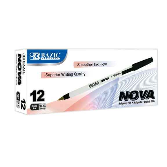 BAZIC Ballpoint Pen Nova Black Color Stick Pens, 1.0 mm, (12/Pack), 1-Pack