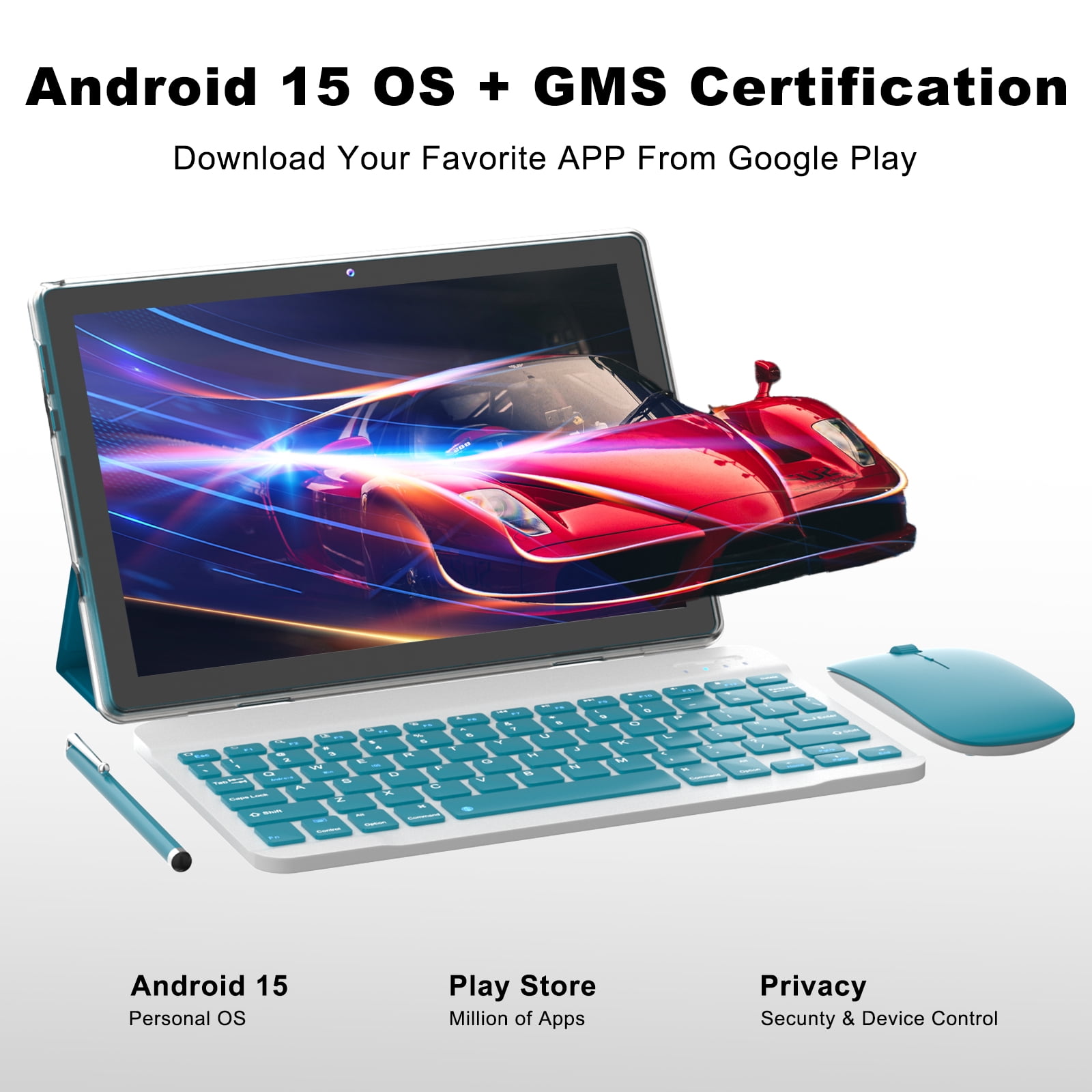 Android 15 Tablet 10 inch, 8GB RAM 32GB ROM Powerful Quad-core CPU, 1280*800 Resolution Screen Tablet, 8MP Camera, 6000mAh Battery Computer, 2 in 1 Tablets with Keyboard, Case, Mouse, Stylus Laptop