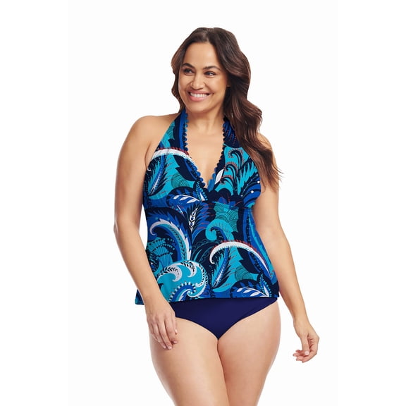 Plus Size Scallop Neckline Halter Tankini Top in Colorblock Paisley Blue