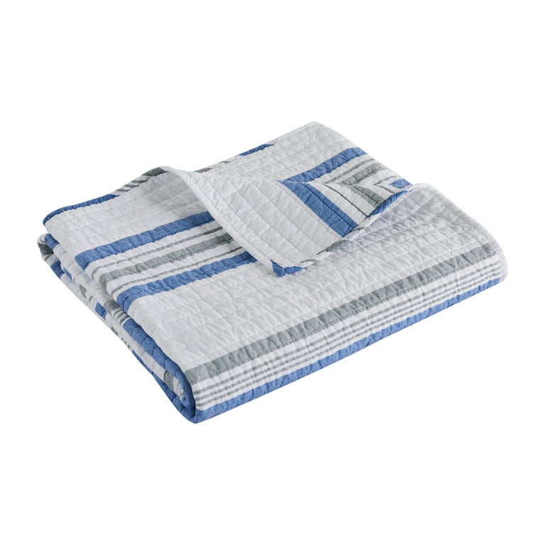 Levtex Home St. Bart Stripe Throw Nautical Blue Grey and White Quilt 50x60in. and Sham 50x60in. Cotton Cotton