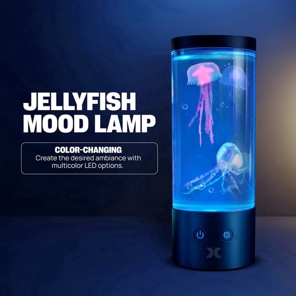 Xtreme Lit Jellyfish Mood Lamp, Color Changing LED Aquarium Night Light with 2 Floating Jellyfish, USB or Battery Powered, Kids Room Decor