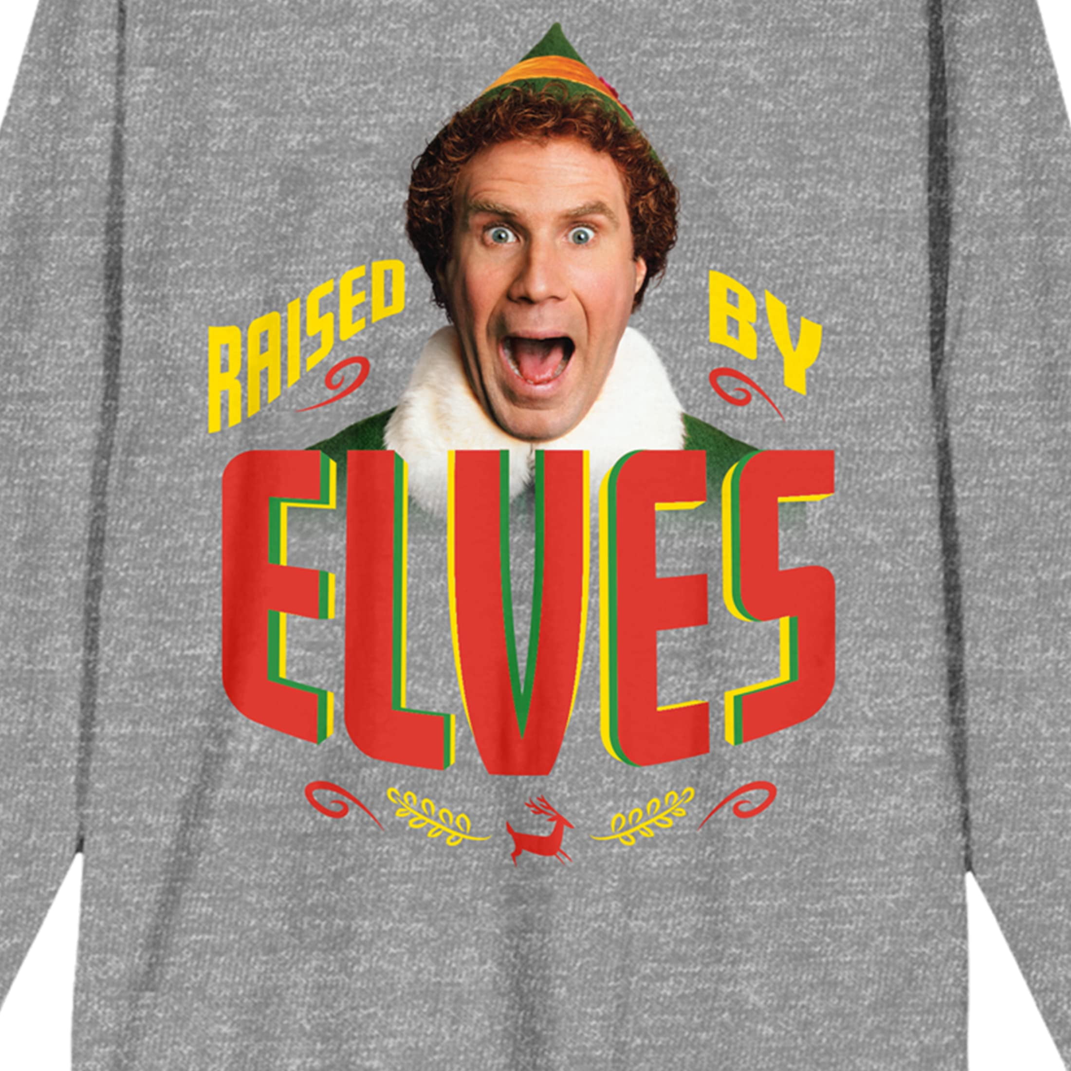 Elf Movie Buddy Raised By Elves Women's Heather Gray Long Sleeve Crew Neck Tee-Medium