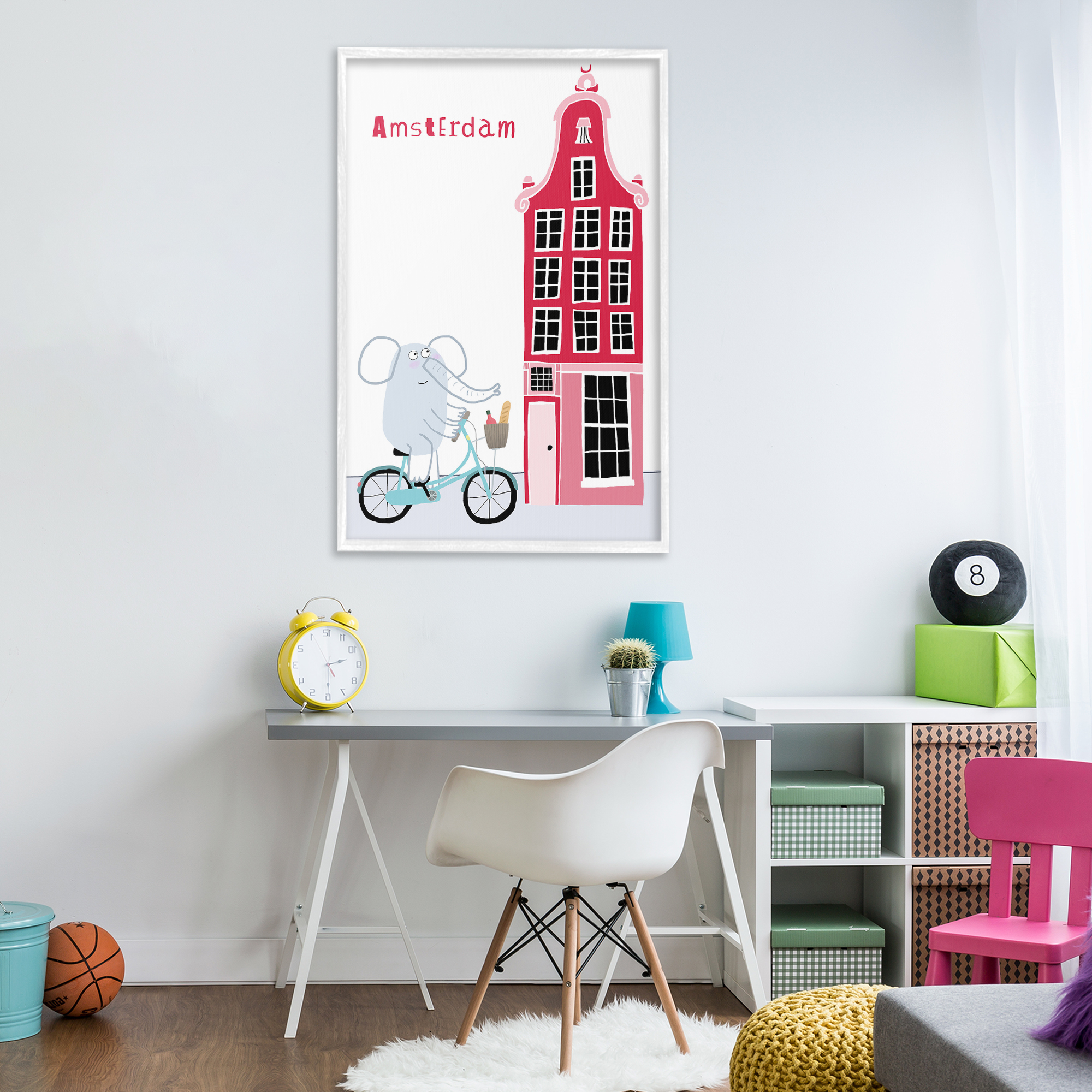 Elephant & Amsterdam Building White Framed Giclee Art, design by Carla Daly