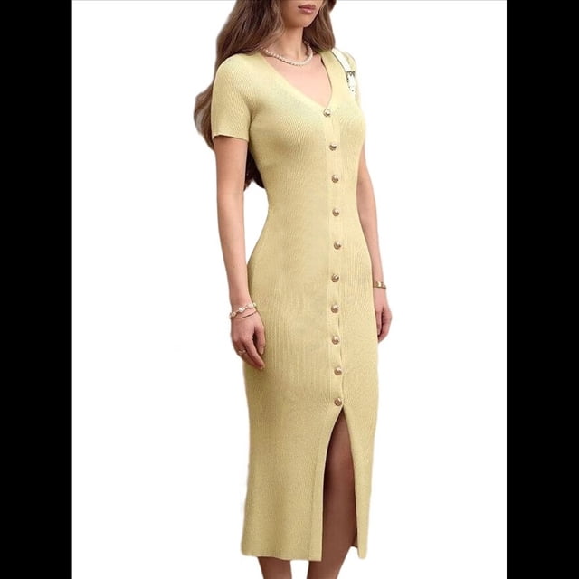 Vestido Midi Informal de Punto Acanalado, Cuello en V y Corta para Mujer, Otoño 2025, Ajustado, para Invierno Amarillo XL