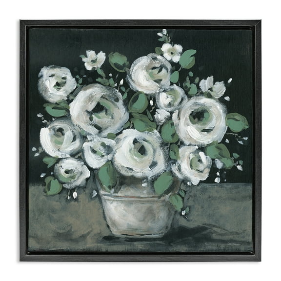 Stupell Industries Muted White Rose Bouquet Plants & Flowers Painting Black Floater Framed Canvas Art Print Wall Art, 18 x 18