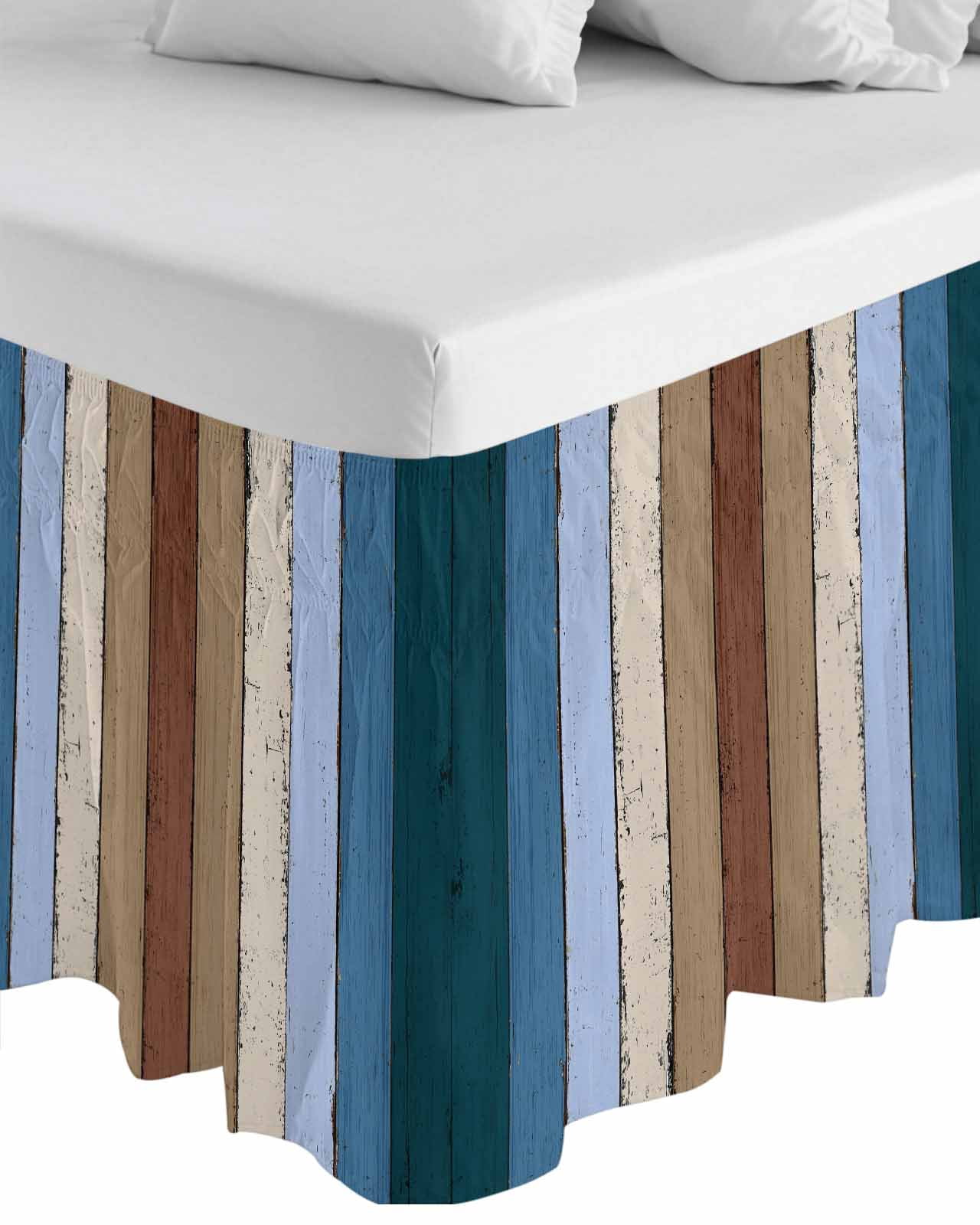 Brown Deep Blue Ruffle Bed Skirt California King Size Modern Vintage Wood Texture Rectangle Adjustable Elastic Dust Bed Skirts Wrap Around Bedskirt Wrinkle Free Easy Fit with 16 Inch Drop