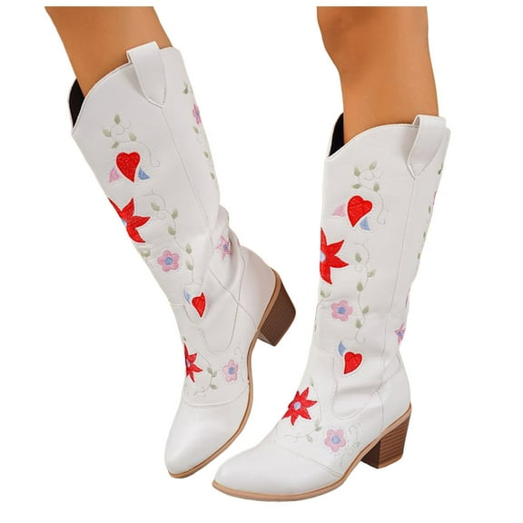 Cute Embroidery Cowboy Boots for Women Chunky Stacked Heel Pointy Toe Pull on Mid Calf Long Booties