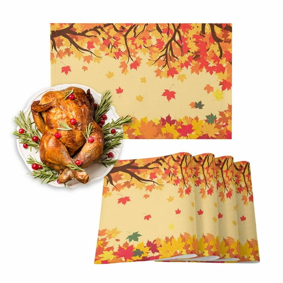 Fall Placemats Set of 6 Orange Maple Leaf Place Mats Thanksgiving Placemat Autumn Fallen Leaves Yellow Table Mats for Dining Kitchen Table Holiday Dinner Party Home Fall Decorations 13x19 Inch