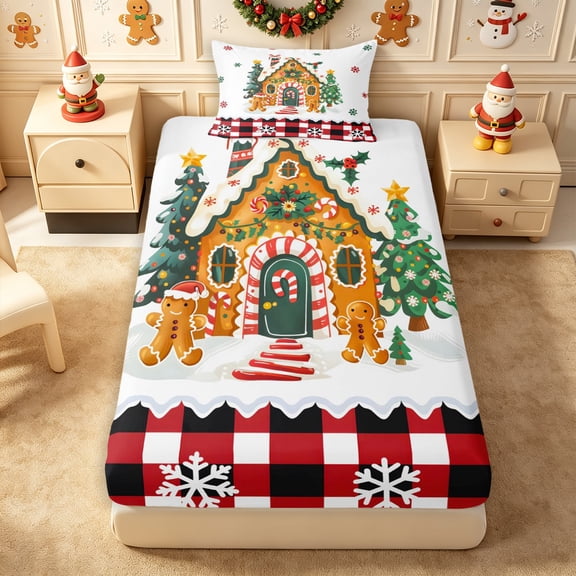 Erosebridal Gingerbread House Twin Fitted Sheet 2 Pieces,Christmas Village Bedding,White Green Brown,1 Fitted Sheet and 1 Pillowcase