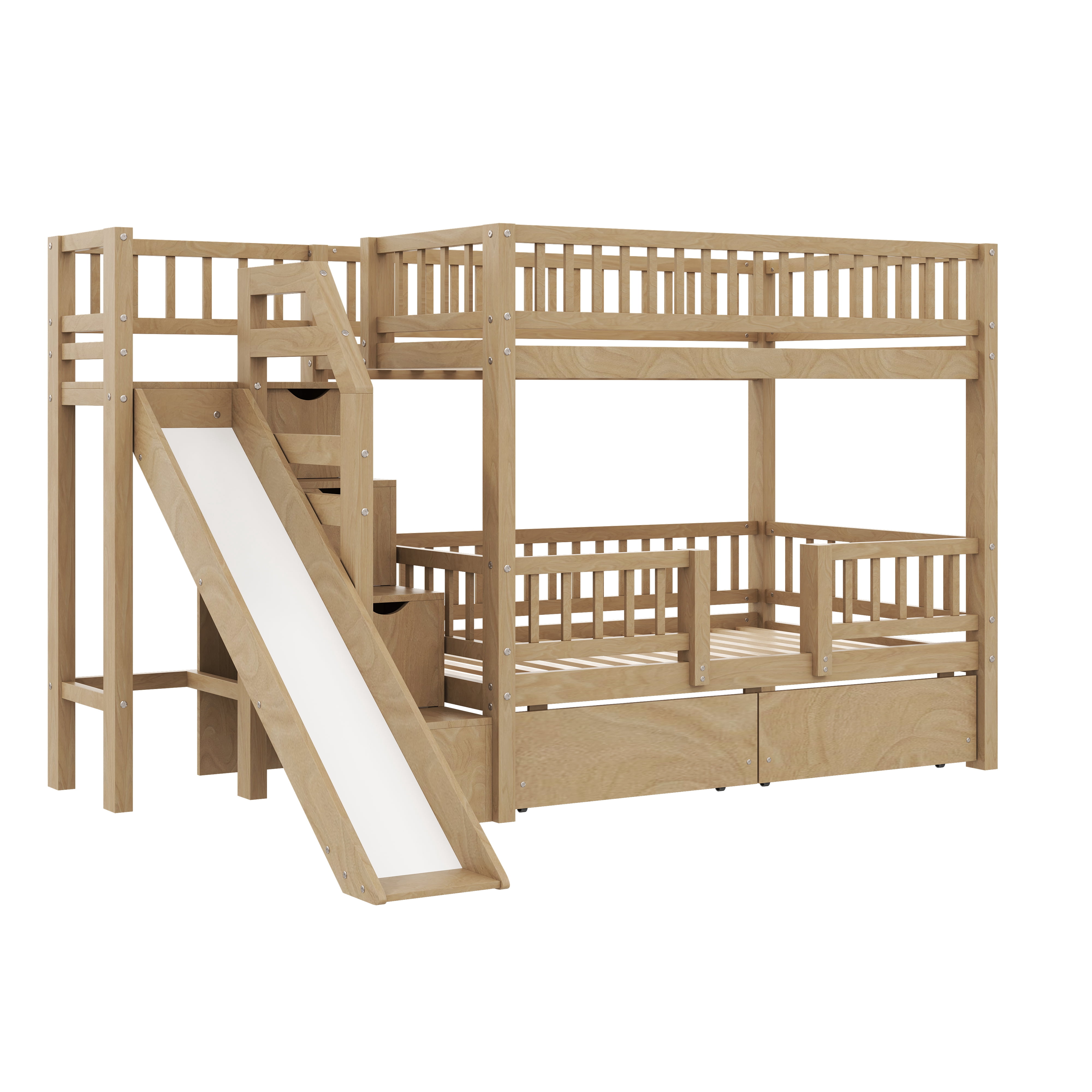 Euroco Twin over Twin Bunk Bed with Storage Staircase and Slide, Walnut