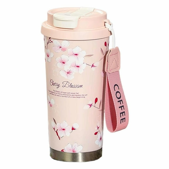 QHUDLV Coffee Mug Travel Cups with Lid and Flip Straw, 500ml Flower Pattern Stainless Steel Insulated Tumbler Water Bottle with Strap, Printed Water Cup for Office Home Outdoor