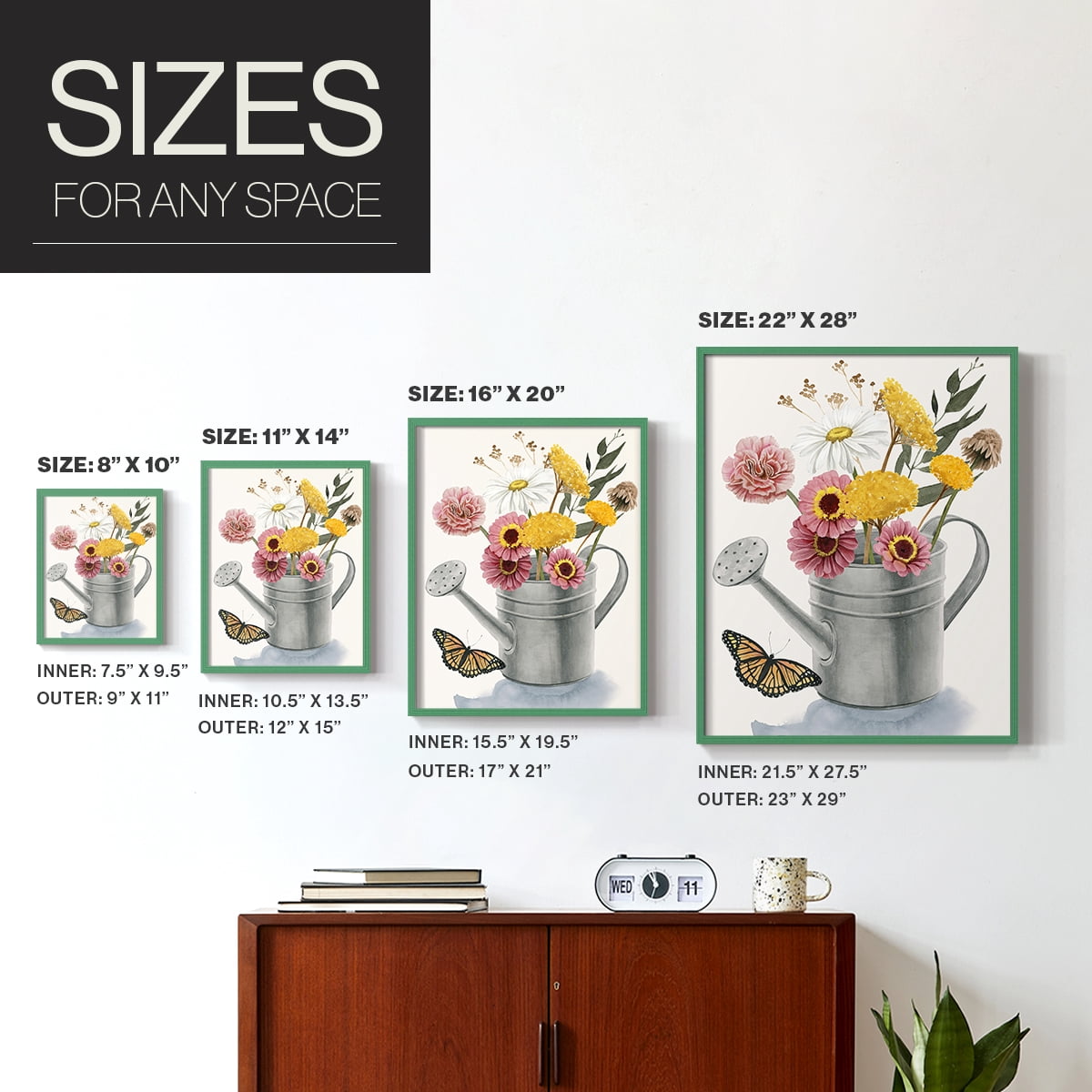 Watering Can Bouquet I Framed Print in Green Solid Wood 8 x 10 Framed Print