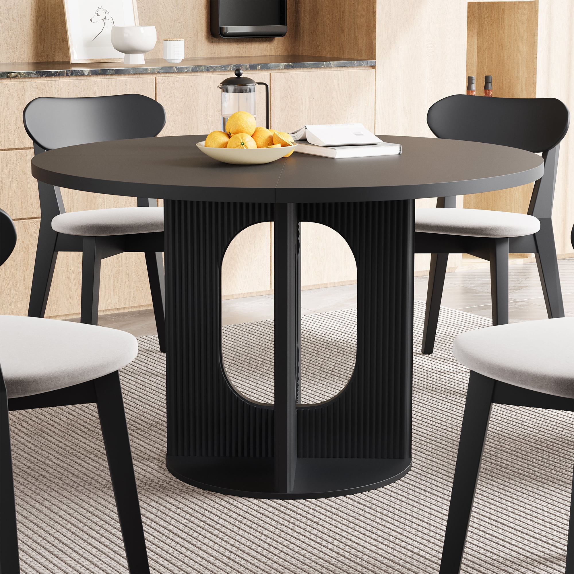 PHOYAL 47 inch Round Dining Table, Circle Kitchen Table for 4-6, Large Wood Dinner Table, Wooden Fluted Pedestal Dinning Table for Dining Room, Mid Century Modern Style, Black