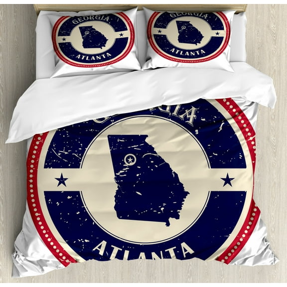 Georgia Duvet Cover Set King Size, Stamp Pattern of State in a Grungy Concept with Polka Dots, Decorative 3 Piece Bedding Set with 2 Pillow Shams, Dark Violet Blue Dark Pink Eggshell, by Ambesonne