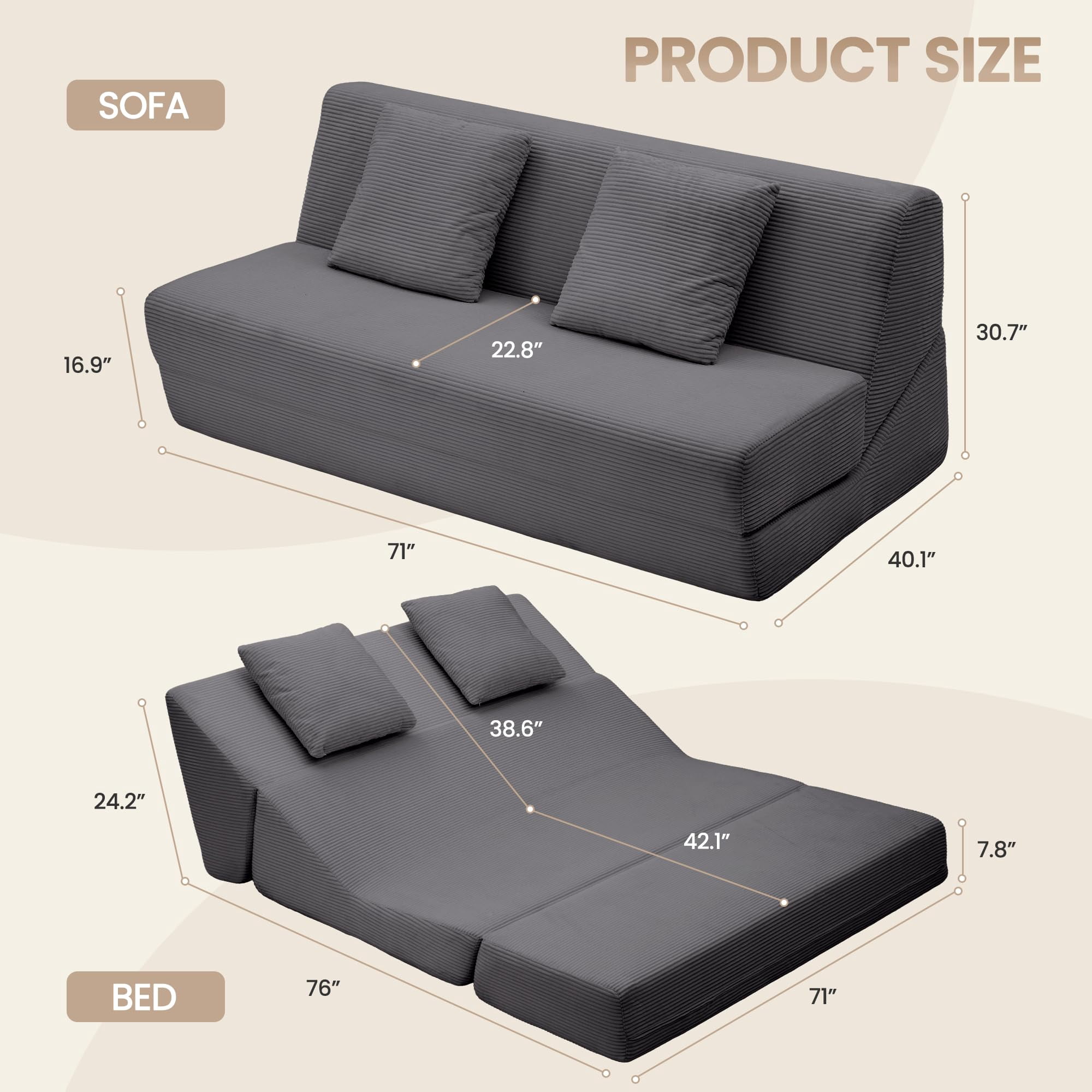 Vorthio Ergonomic Accent Sofa Chair with Wide Seat and Deep Cushion, 105° Reclined Backrest, High Density Foam & S Spring Support, Dual Removable Fabric Covers, Steel Frame Living Room Lounge Chair