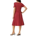 thumbnail image 3 of Vestido de punto casual INSPIRE CHIC para mujer con bolsillos, escote redondo, manga corta, midi fruncido, corte A, color rojo vino S, 3 of 5