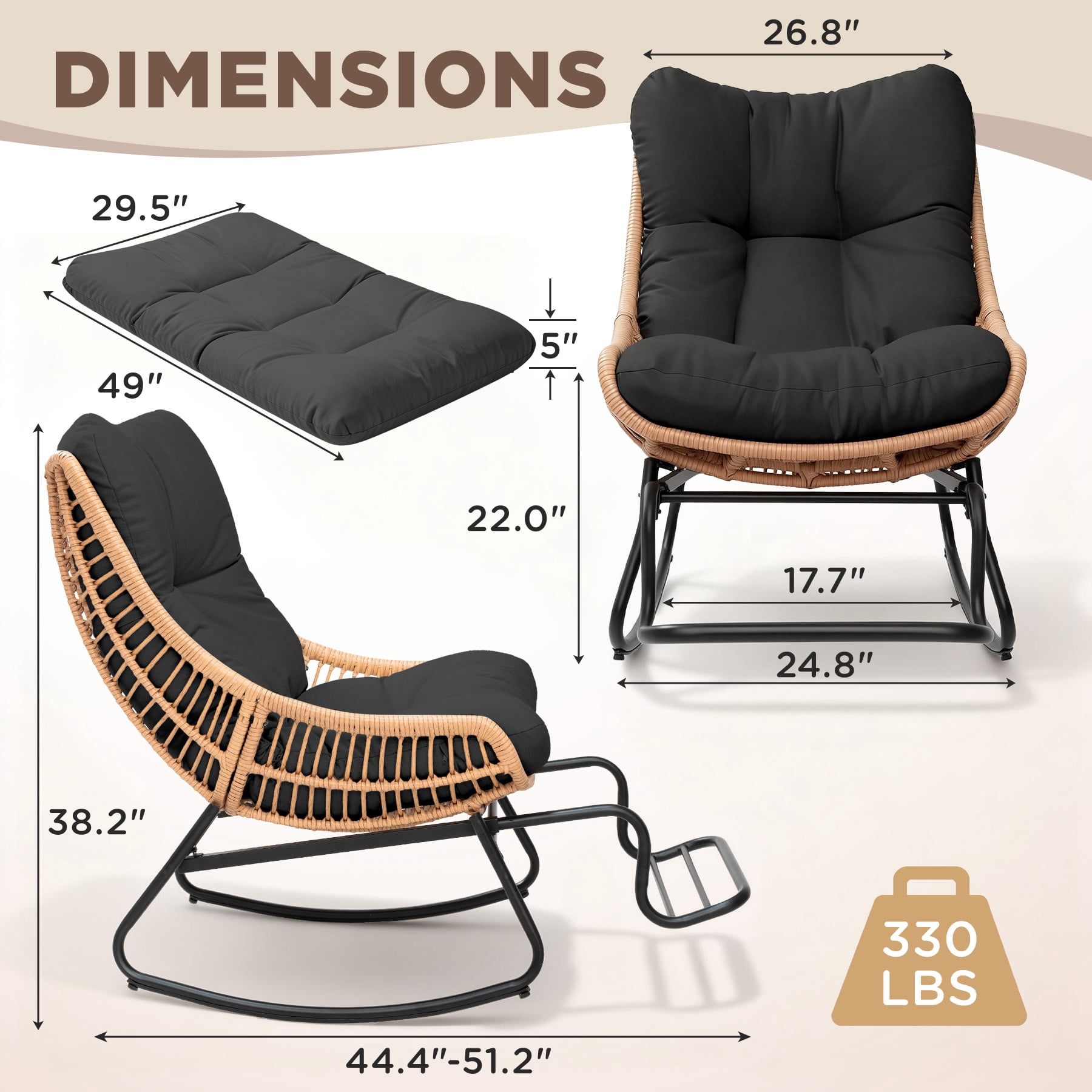 Tappio Rocking Papasan Chair with Adjustable Footrest, Outdoor Egg Rocking Chair with Thick Cushion and Steel Frame, Oversized Papasan Lounge Rocker for Garden, Porch, Living Room, Black